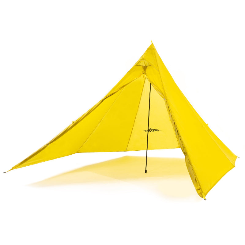 Yellow ultralight pyramid tent shelter set up on a white background