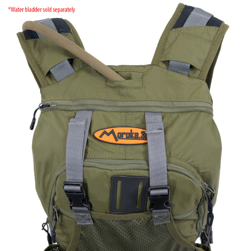 Green hydration vest with Moraeka logo on a white background