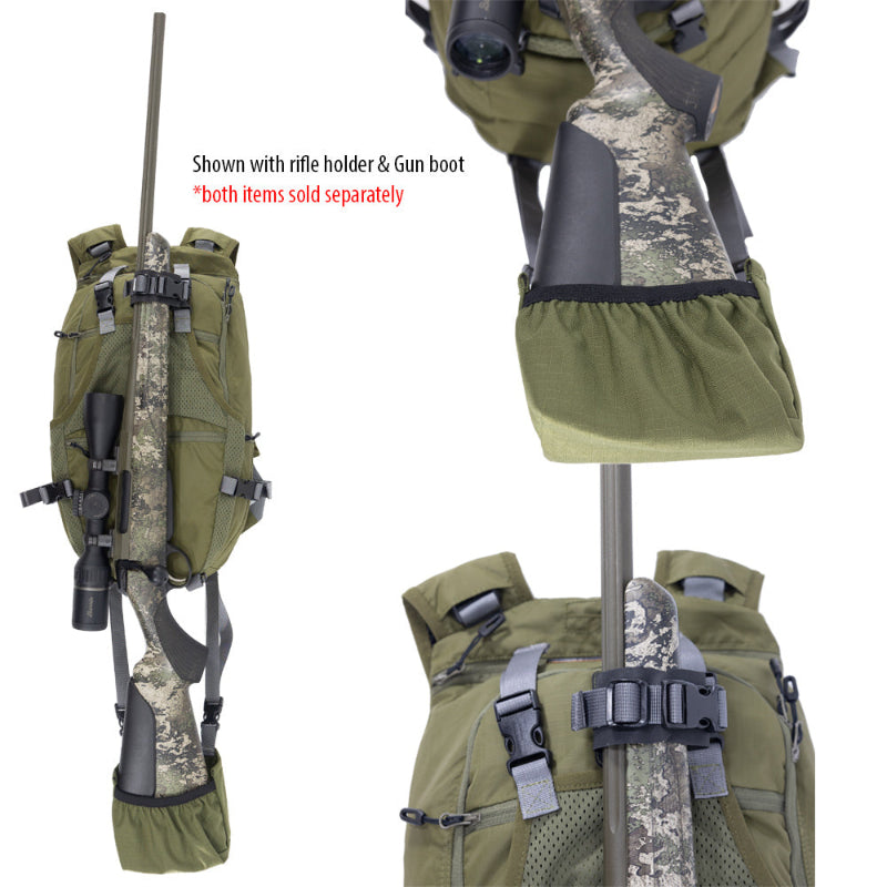 Green camouflage backpack with rifle holder and gun boot on a white background