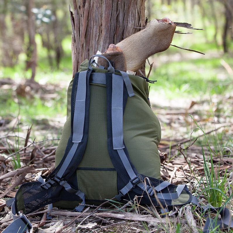 Backpack with meat inside packed up resting against a tree