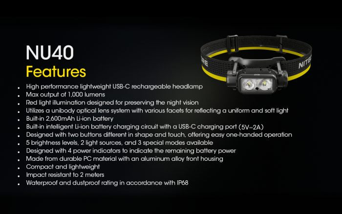 Nitecore NU40 Compact Lightweight Headlamp 1000 Lumens