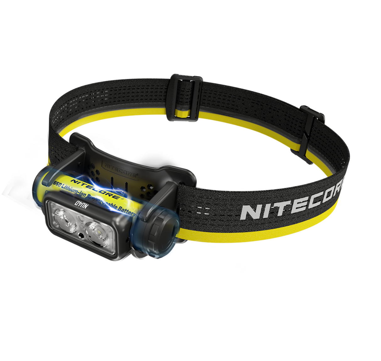 Nitecore headlamp with black and yellow strap on a white background