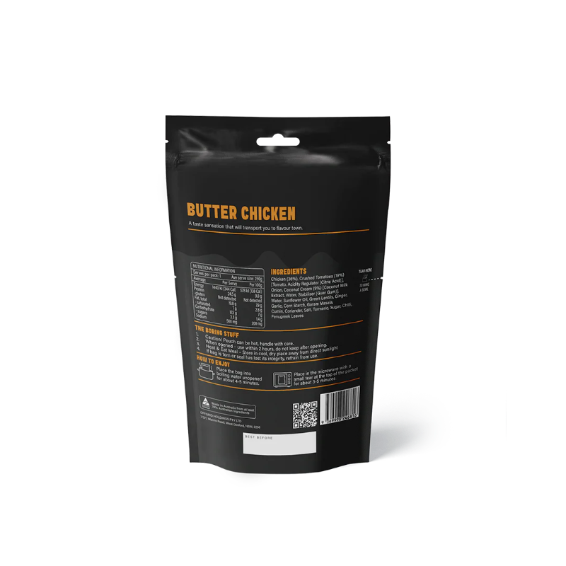 Butter Chicken packaging with black background and orange text