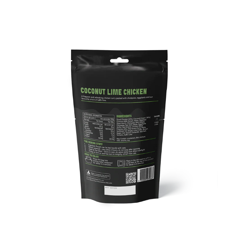 Black packaging of 'Coconut Lime Chicken' with green text on a white background
