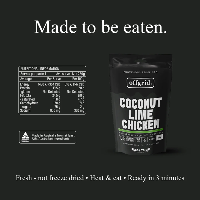 Offgrid Outback Lamb Curry package with nutritional information on a black background