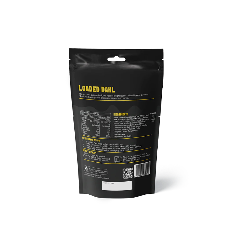 Black package of 'Loaded Dahl' with yellow text on a white background