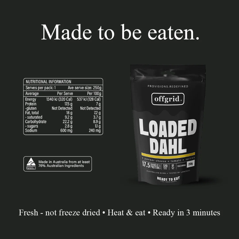 Offgrid Loaded Dahl package with nutritional information on a black background