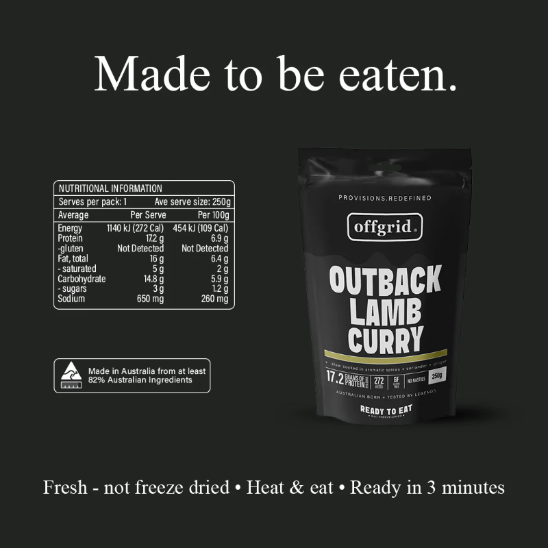 Offgrid Good Rice package with nutritional information on a black background