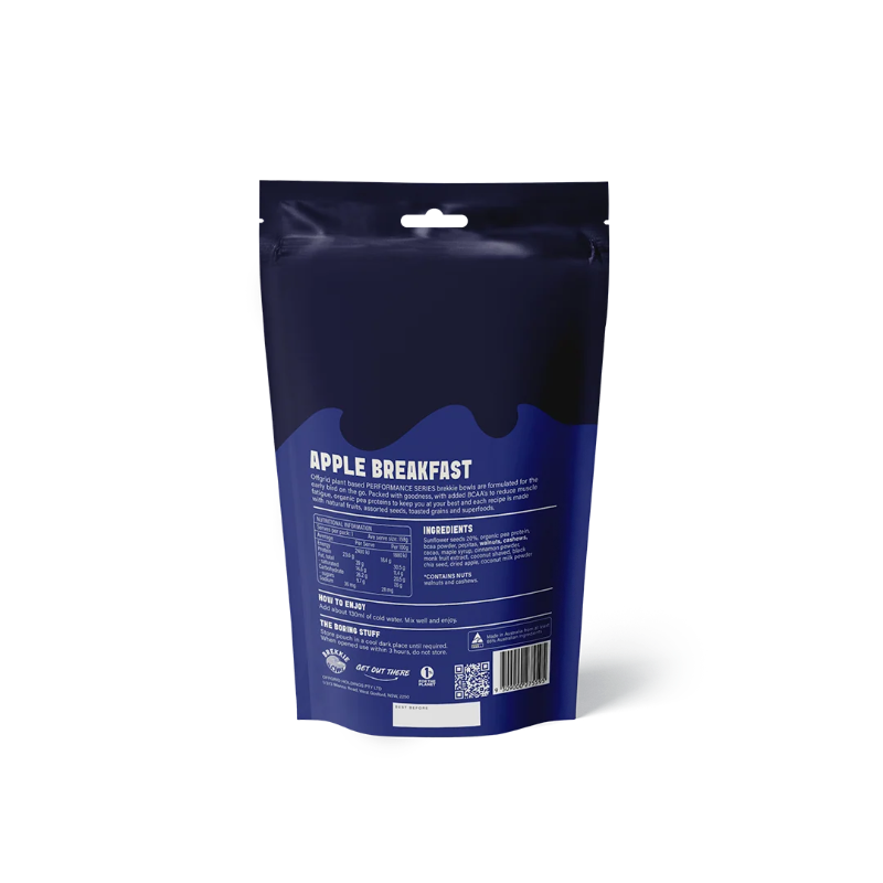 A dark navy blue stand-up pouch package for 'Apple Breakfast' by Artful Eats, shown from the back on a clean white background with a soft shadow.