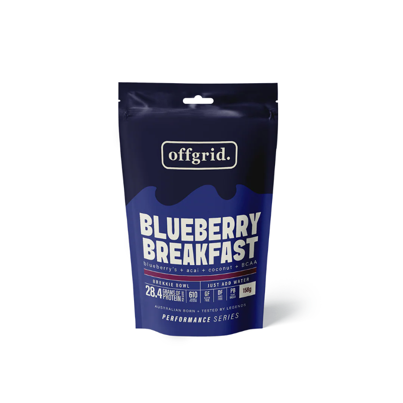 A stand-up pouch of offgrid. Blueberry Breakfast protein powder on a clean white background.