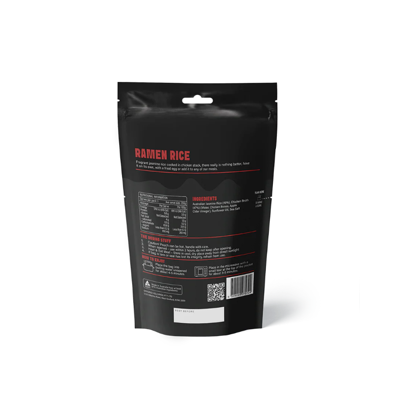 Black package of Ramen Rice with red text on a white background