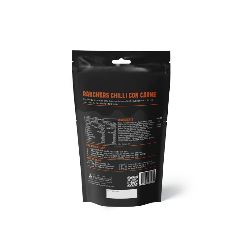 Black packaging of Ranchers Chilli Con Carne with text and ingredients list on a white background