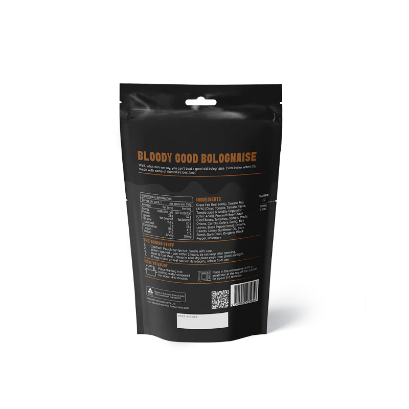 Black packaging of 'Bloody Good Bolognese' with text and a QR code on a white background