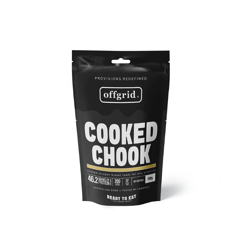 Black package of 'Cooked Chook' by offgrid on a white background