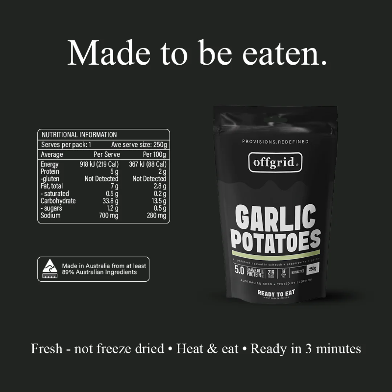 Offgrid Garlic Potatoes packaging with nutritional information on a black background