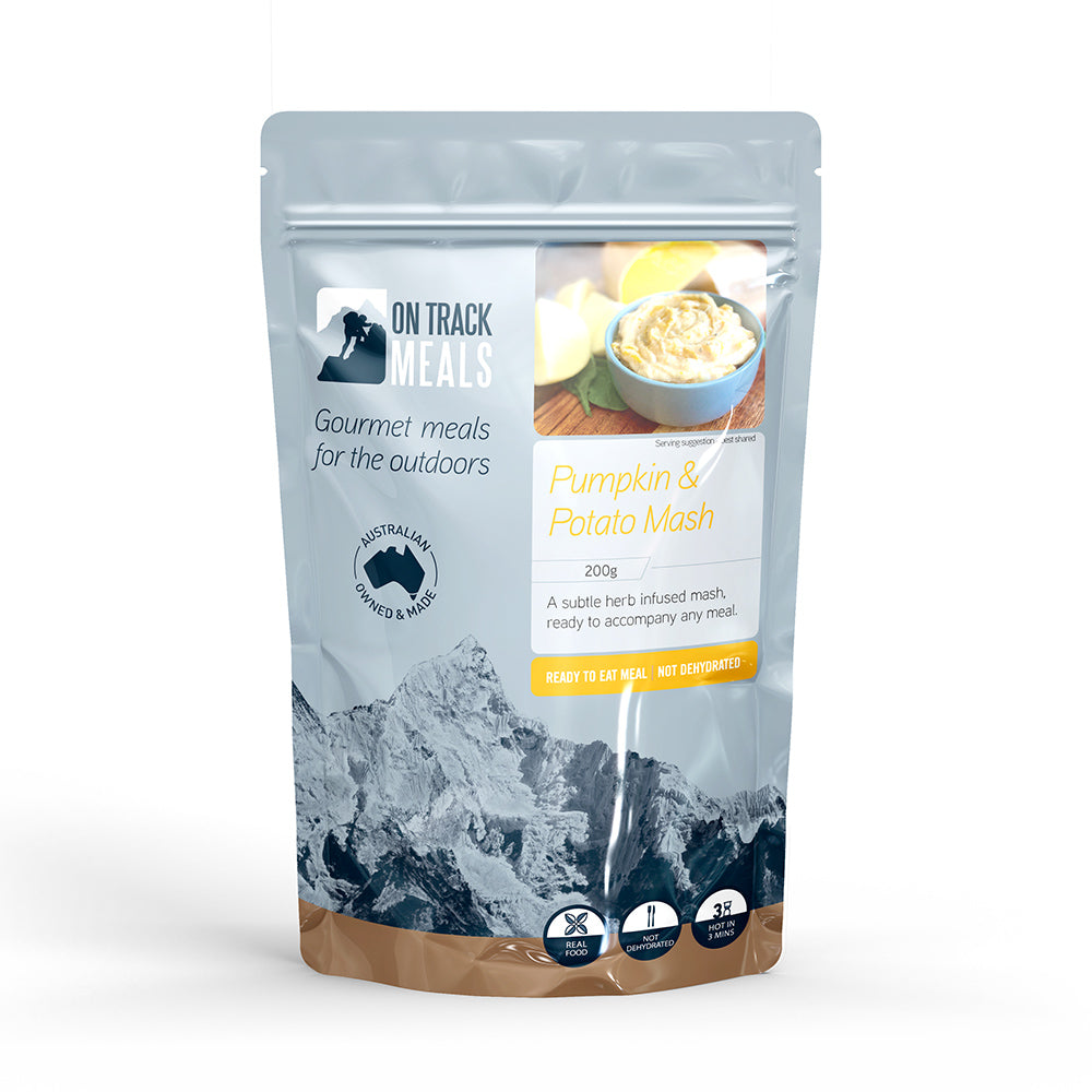 On Track Meals Pumpkin & Potato Mash in a blue packet on a white background