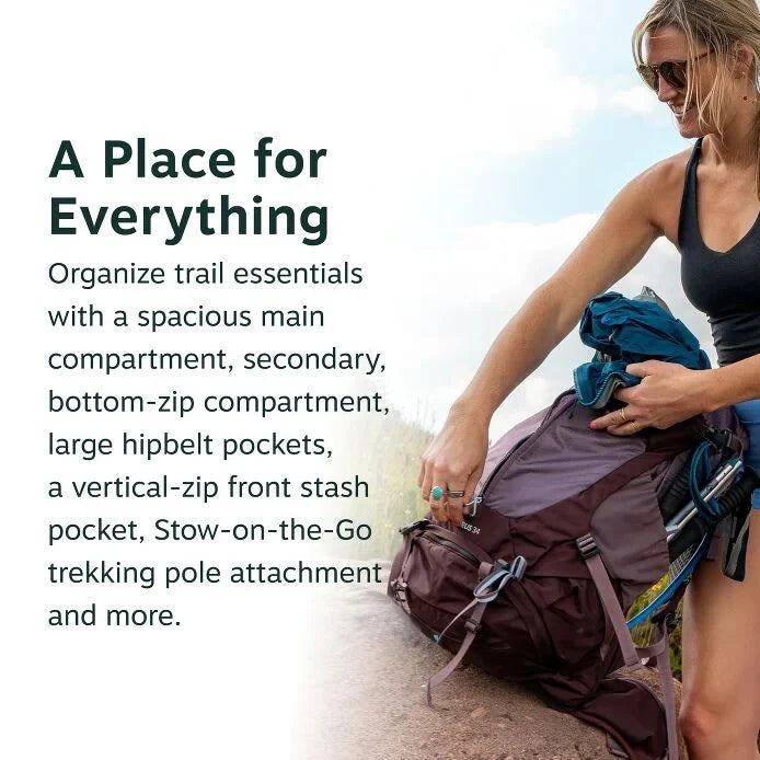 Woman organizing a hiking backpack with text highlighting its features.