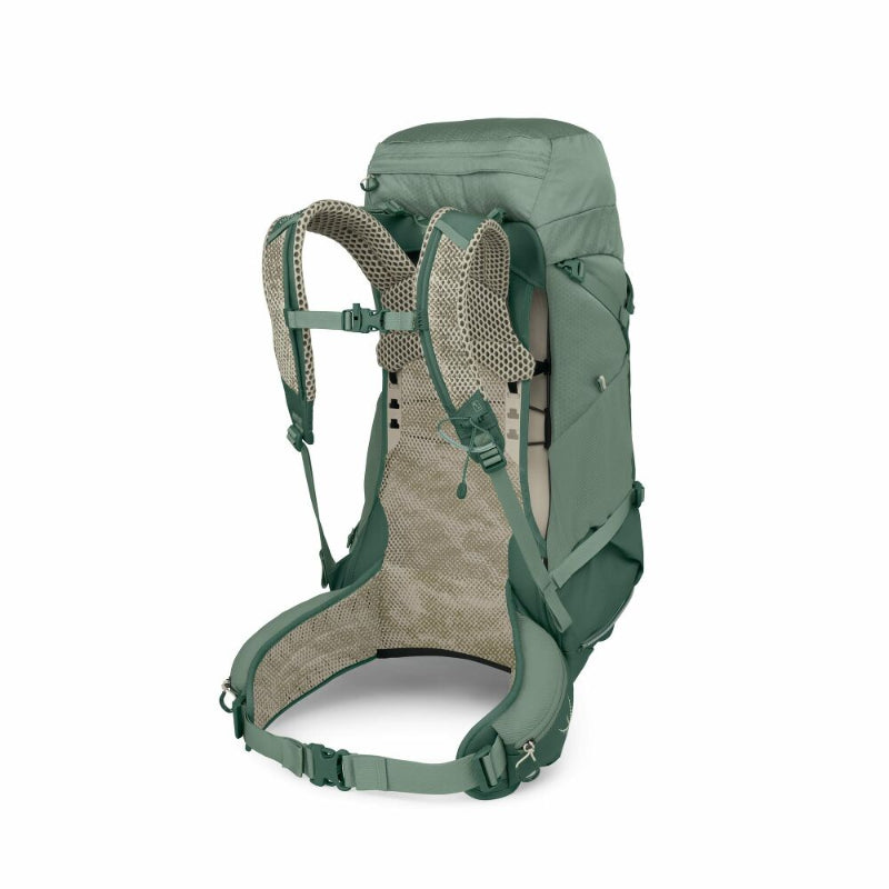 Green hiking backpack with a white background