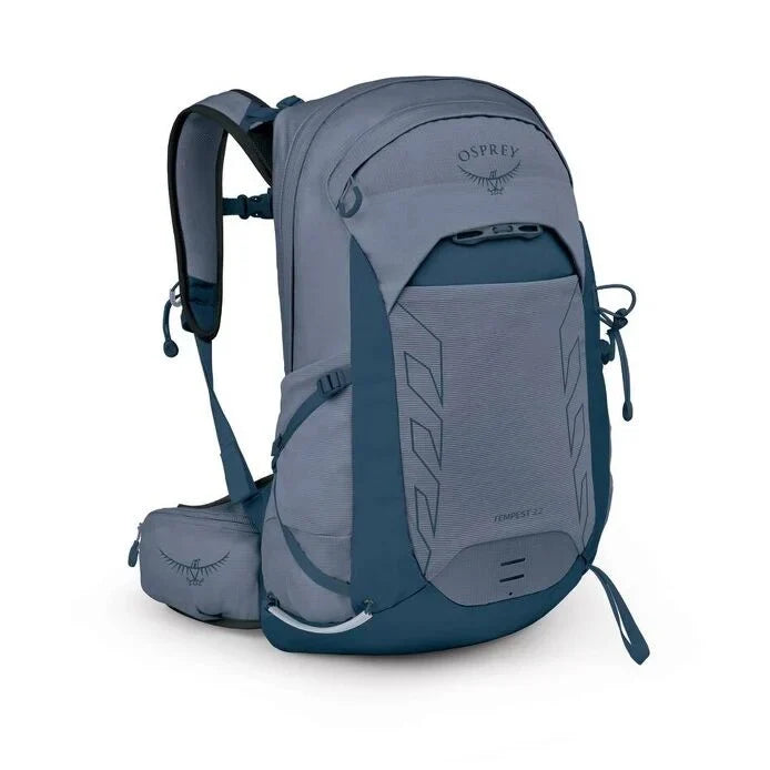 Gray and blue Osprey backpack on a white background