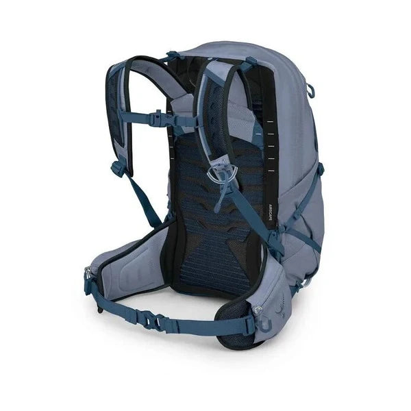 Gray and blue backpack with visible brand logo on a white background