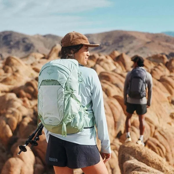 Two people hiking in a desert landscape with mountains in the background.