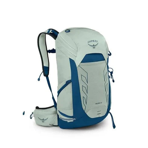 Light gray and blue Osprey backpack with a smaller pouch on a white background
