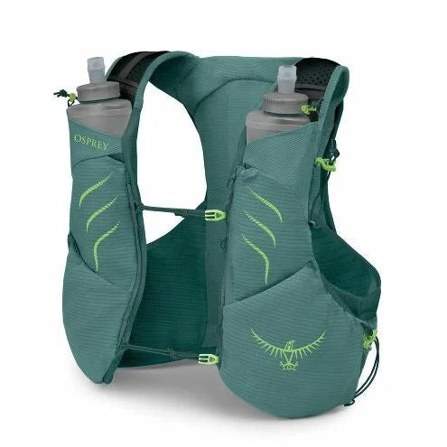 Green Osprey Mens Trail running vest with two water bottles on a white background