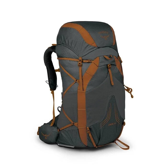 Gray and brown Osprey Exos Mens Ultralight hiking backpack on a white background