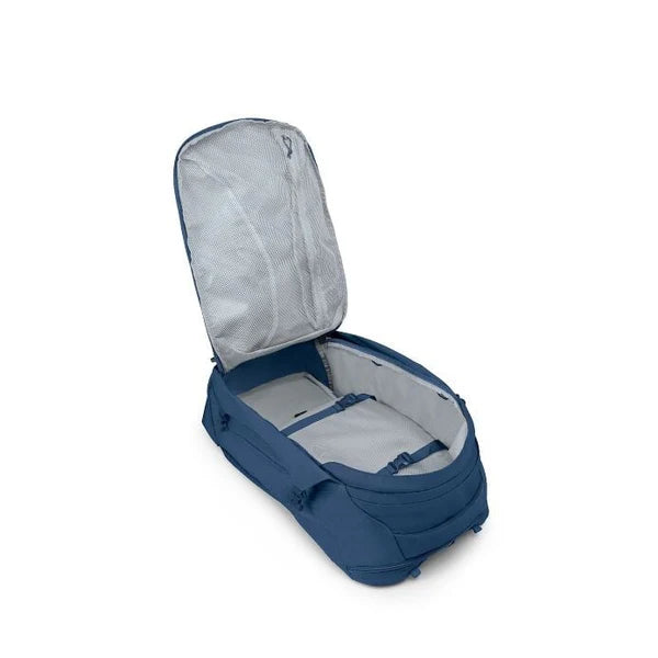 Blue backpack with open lid on a white background