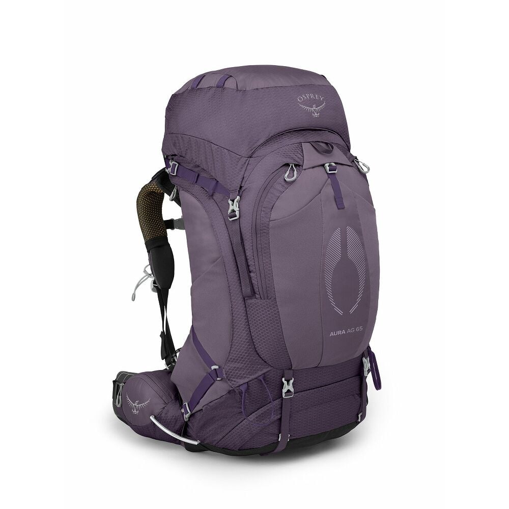 Purple Osprey Womens 65L hiking backpack on a white background