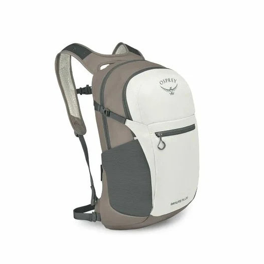 Gray and white Osprey backpack on a white background
