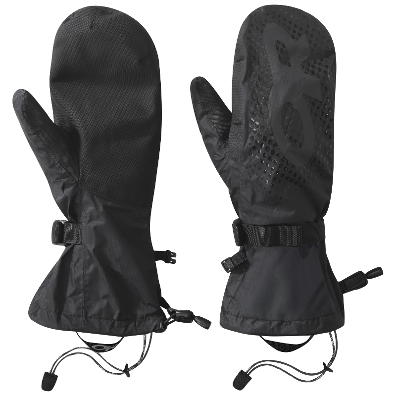 Pair of black mittens with adjustable straps on a white background