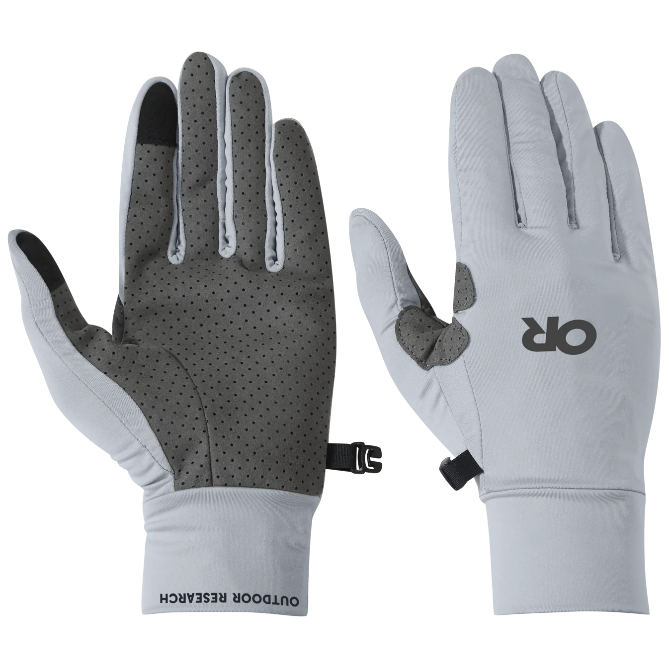 Pair of gray and white gloves with a brand logo on a white background