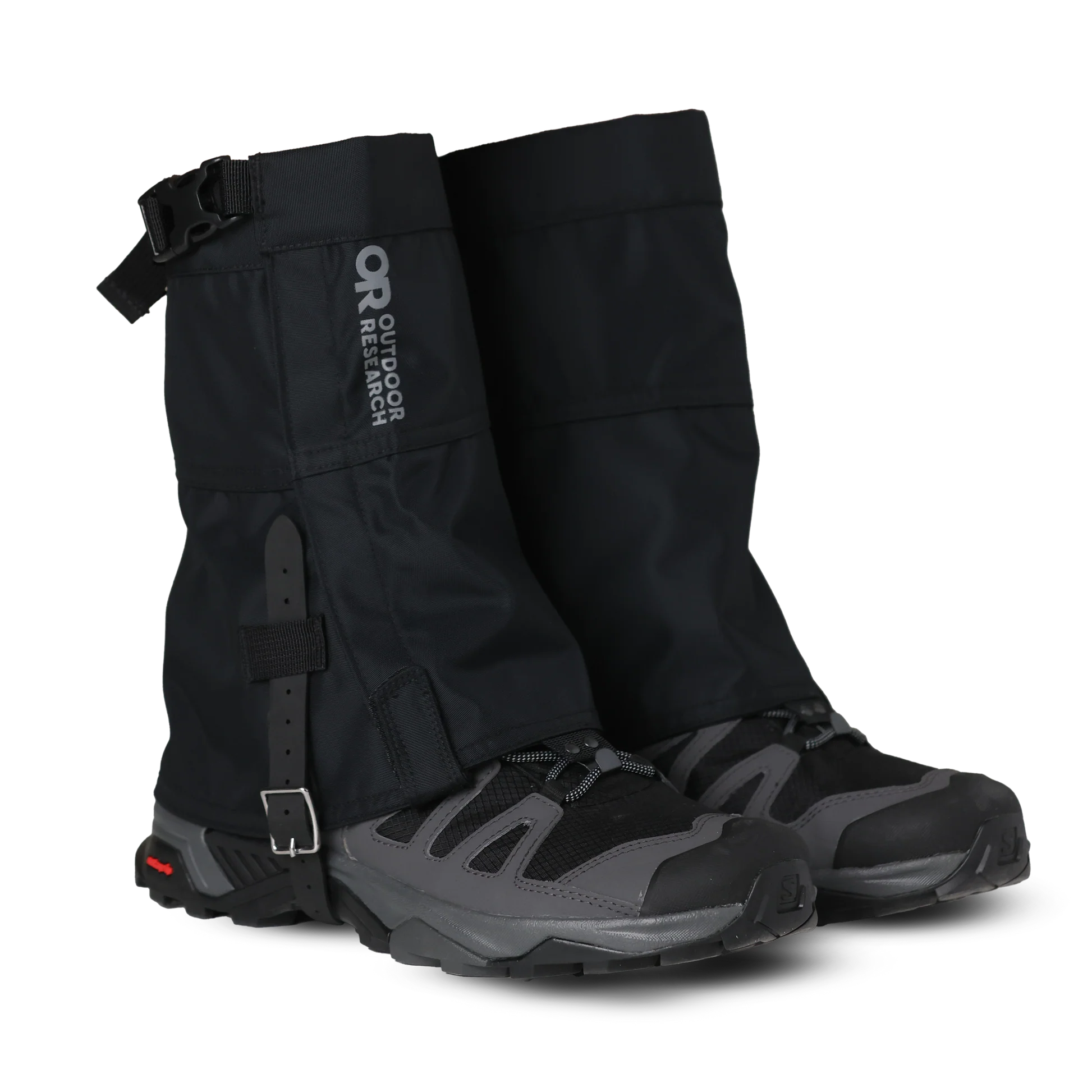 Black gaiters with Outdoor Research logo on a white background