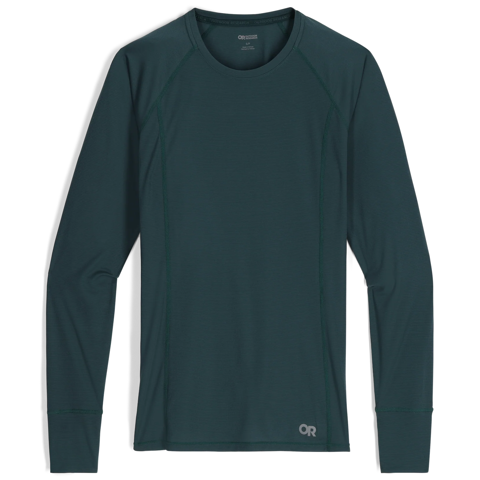 Dark green long-sleeve hiking top womens with Outdoor Research womens hiking clothing logo on a white background