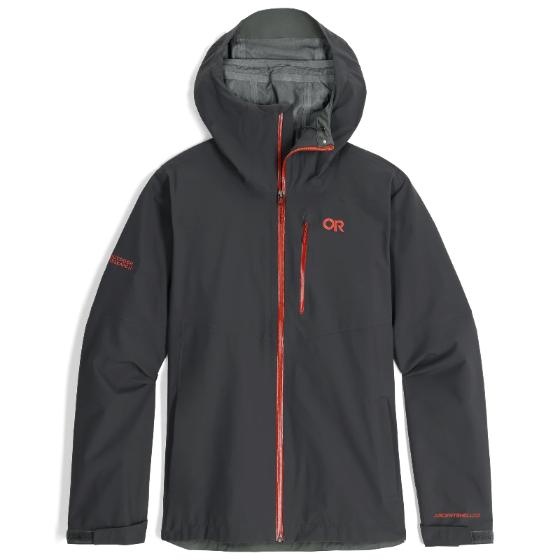 A dark gray hooded outdoor jacket with a red zipper and red logo details, shown against a plain white background.