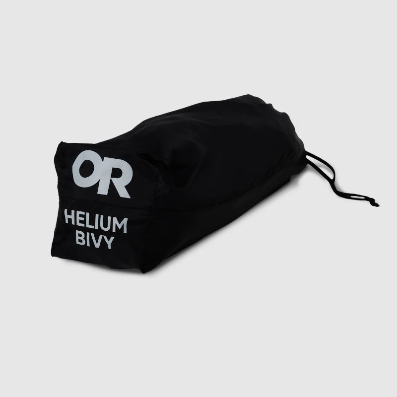 Black bivy sack with 'OR' logo and 'Helium Bivy' text on a light gray background