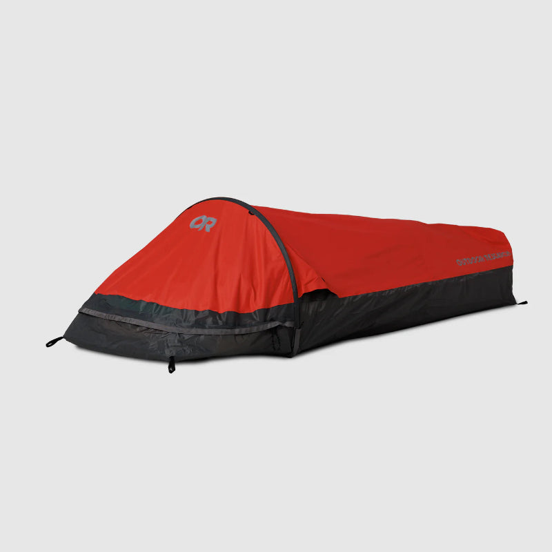 Red and black bivy on a light gray background