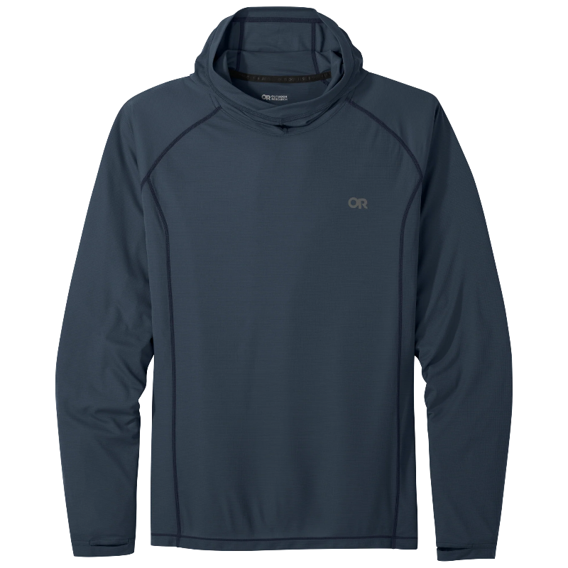 A dark slate blue hooded long-sleeve athletic top with a small gray 'OR' logo on the left chest, displayed on a clean white background.