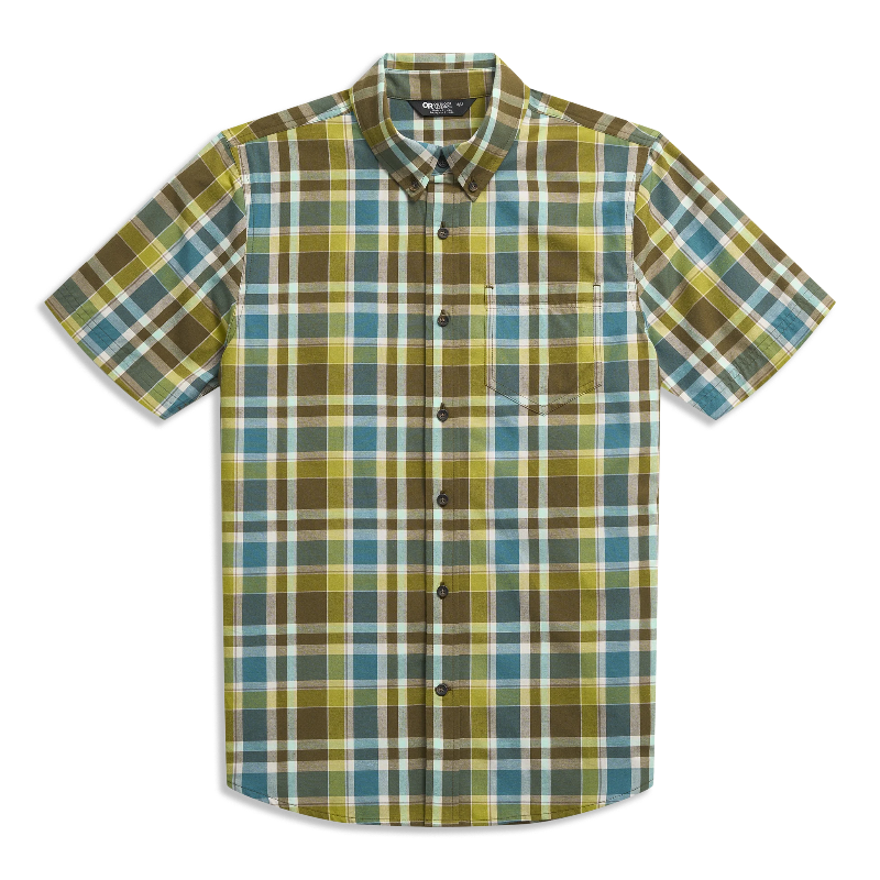 Plaid short-sleeve shirt with green, blue, and brown colors on a white background