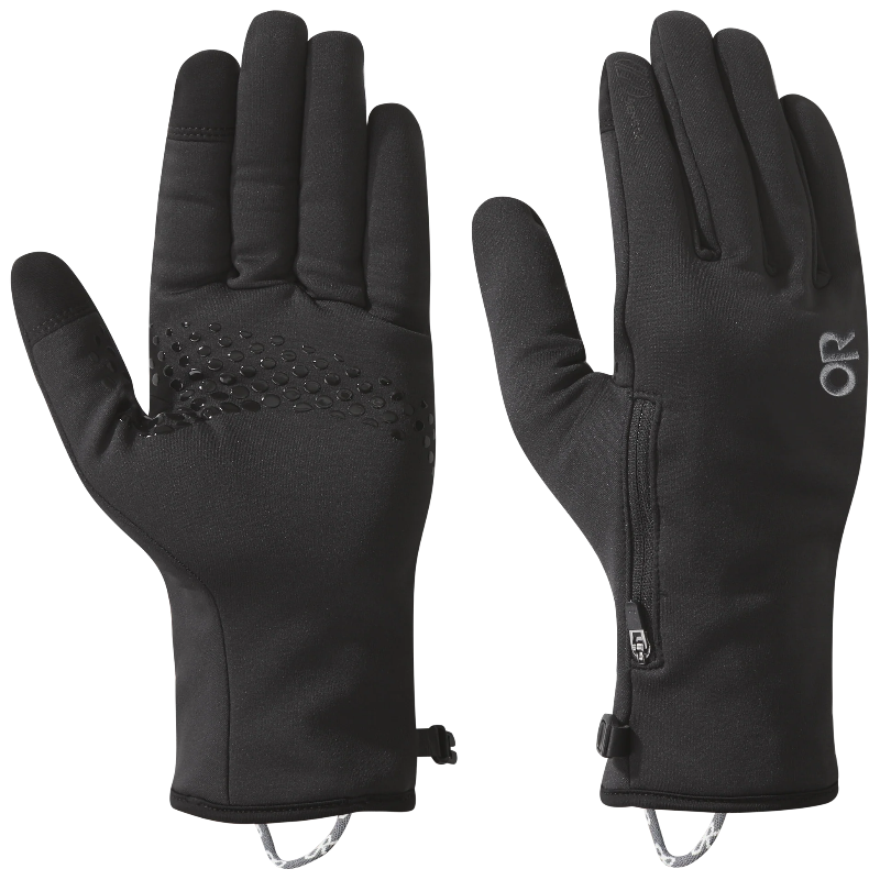 Pair of black gloves with a brand logo on a white background