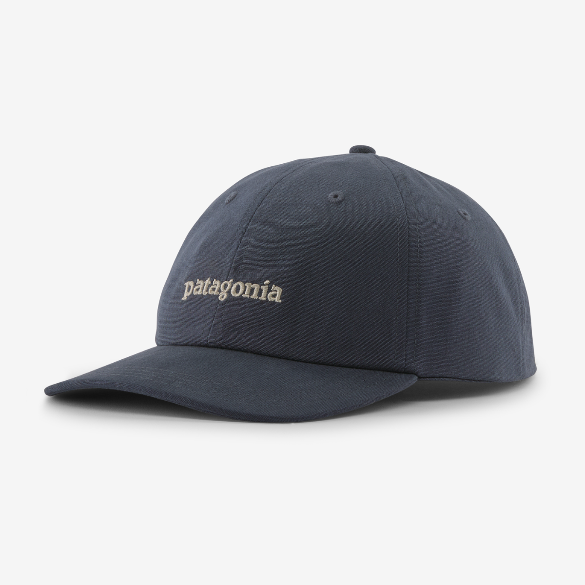 Navy blue cap with embroidered designs on a white background