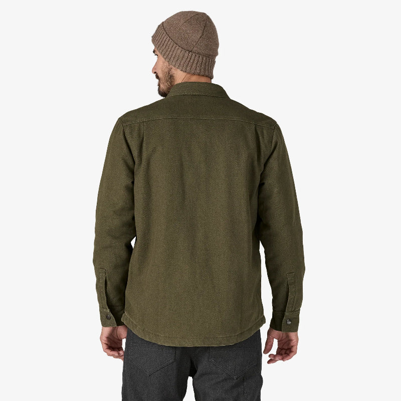 Green Patagonia Mens Iron Forge Fleece Lined Jac-Shirt worn by a man showing the back