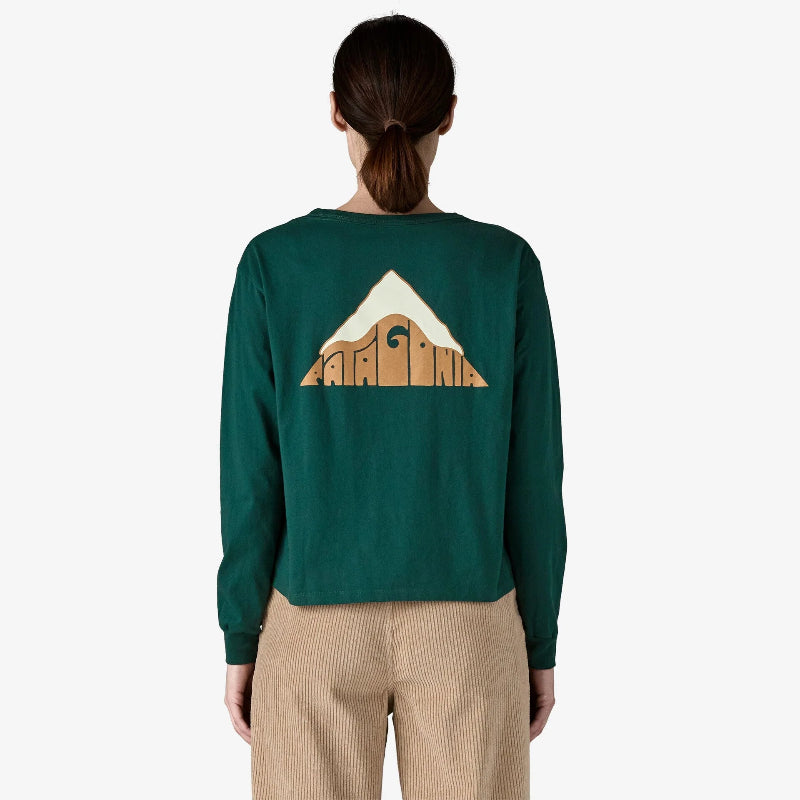 Patagonia Women's Long Sleeved Driftways Long Sleeved Organic Cotton Shirt back with large Patagonia logo