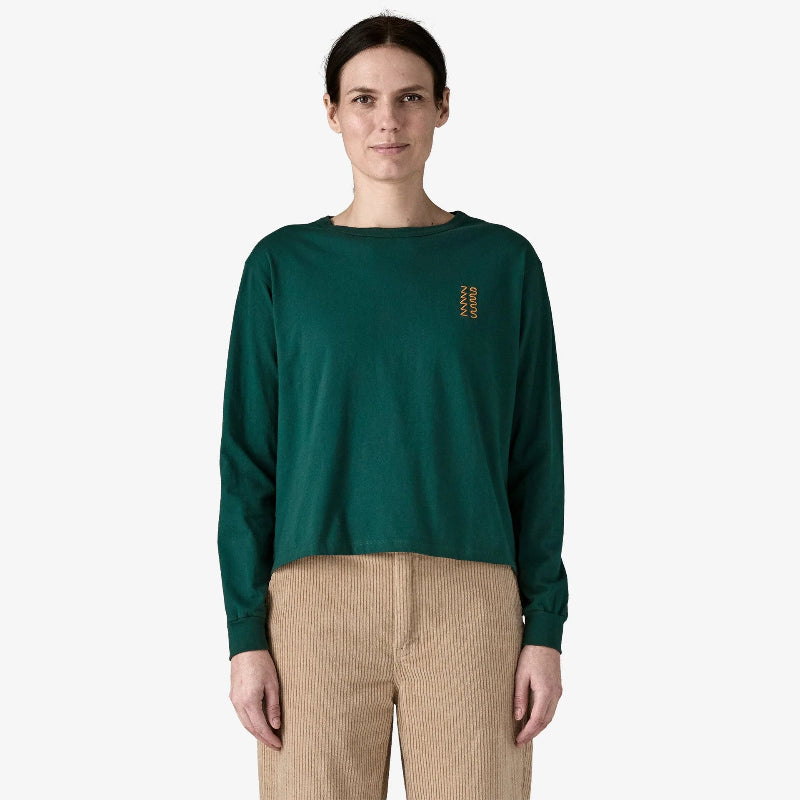 Patagonia Women's Long Sleeved Driftways Long Sleeved Organic Cotton Shirt worn by a woman in corduroy pants