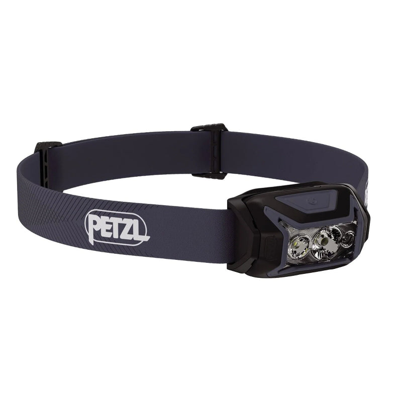 Black headlamp with Petzl logo on a white background
