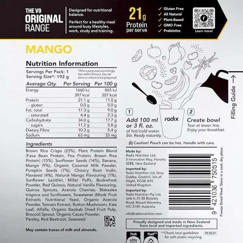 Radix Nutrition Original Breakfast v9 400 Kcal - Mango Nutrition Panel 9