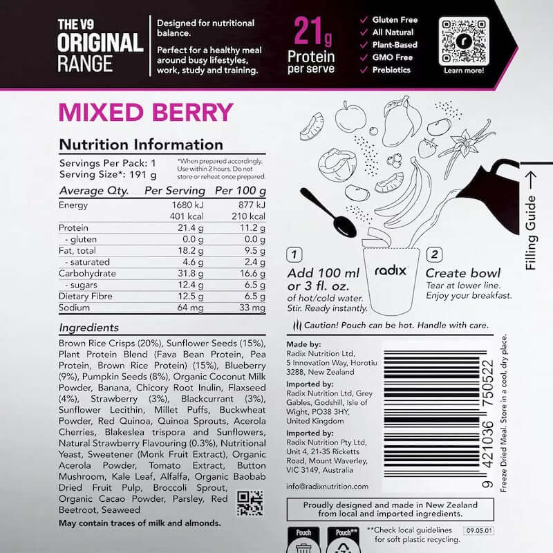 Radix Nutrition Original Breakfast v9 400 Kcal - Mixed Berry Nutrition Panel 7
