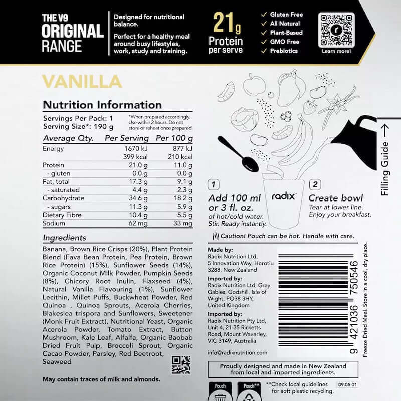 Radix Nutrition Original Breakfast v9 400 Kcal - Vanilla Nutrition Panel 3