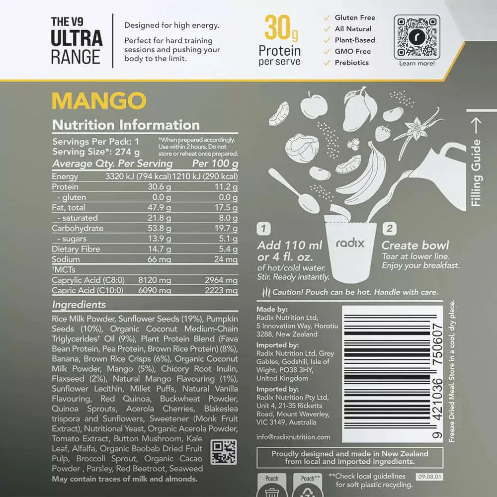 Radix Nutrition ULTRA v9 Breakfast 800 Kcal - Mango Nutrition Panel 19